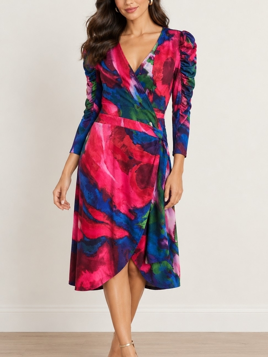 New York & Company Dresses & Skirts - New York & Company Fuchsia Multicolor Watercolor Wrap Midi Dress